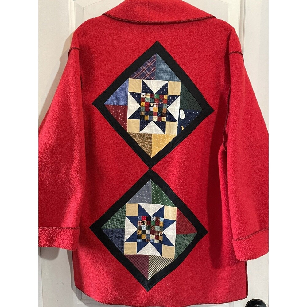 Vintage Quilt Applique Cardigan Red Fleece Open Waterfall Large Maralyce Ferree